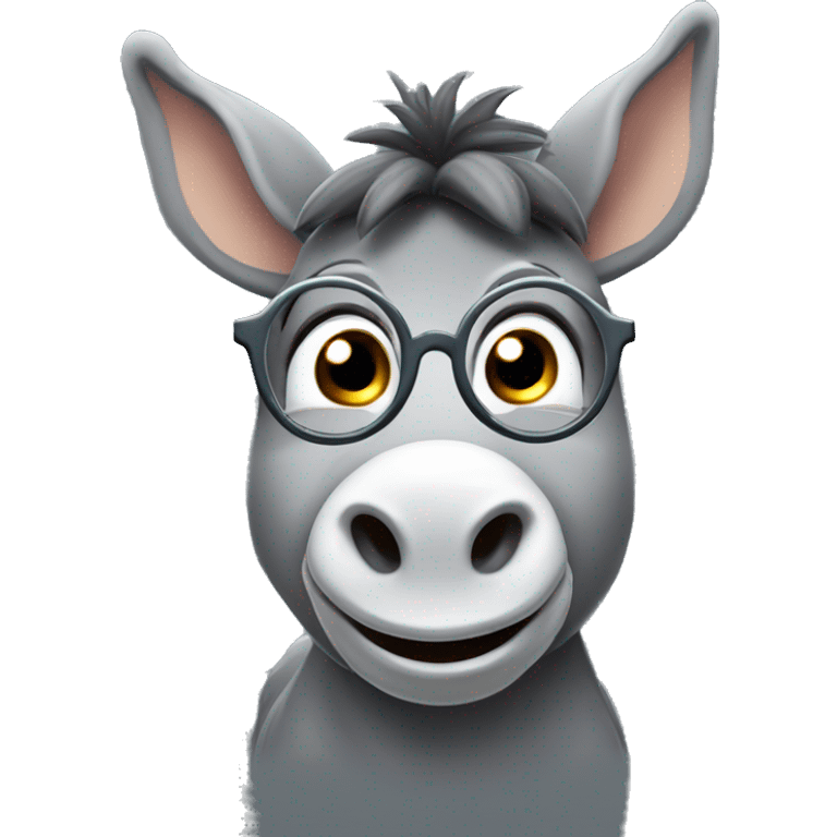 A chubby smiling donkey, with big round eyes like Pixar characters, wearing round glasses.  Cute gray donkey emoji