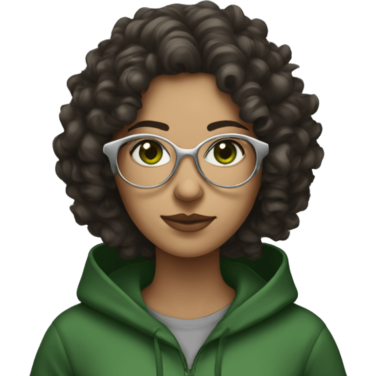 dark brown curly haired woman with dark green eyes and wearing a hoodie and wired silver glasses  emoji