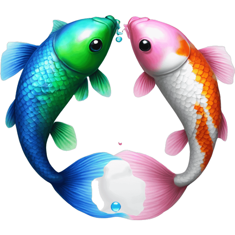  Two realistic koi fish, one green & blue, the other pink & white, swimming into each other, ying yang, Pisces fish, cloudy, water, dreamy, bubbles, iridescent emoji