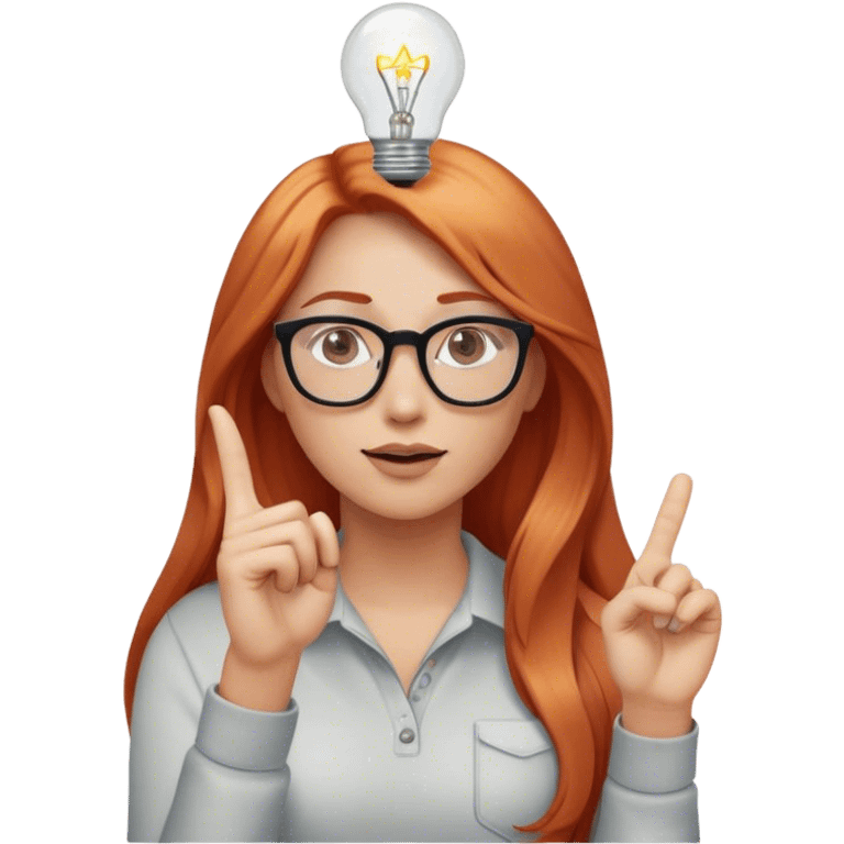 intelligent and clever, 30 year old, girl, long red-blond hair, glasses, has an idea and holds her finger in the air, light bulb over the head, casual cloth  emoji