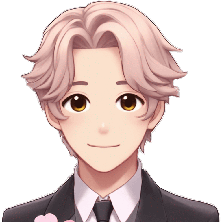 Gorgeous romantic hot attractive anime style formal modern gentlemanly anime shojo guy with pretty hair and flower petals and blushing face aesthetic trending style  pastelcore cottagecore kawaiicore emoji