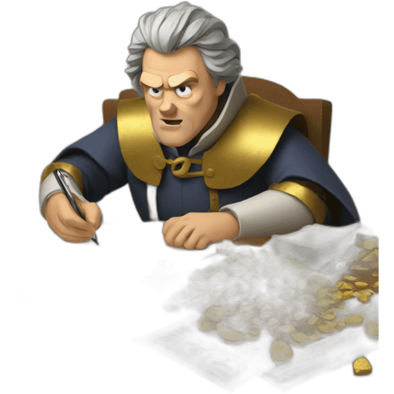 middle ages taxman, angry, writing on a paper, pile of gold emoji