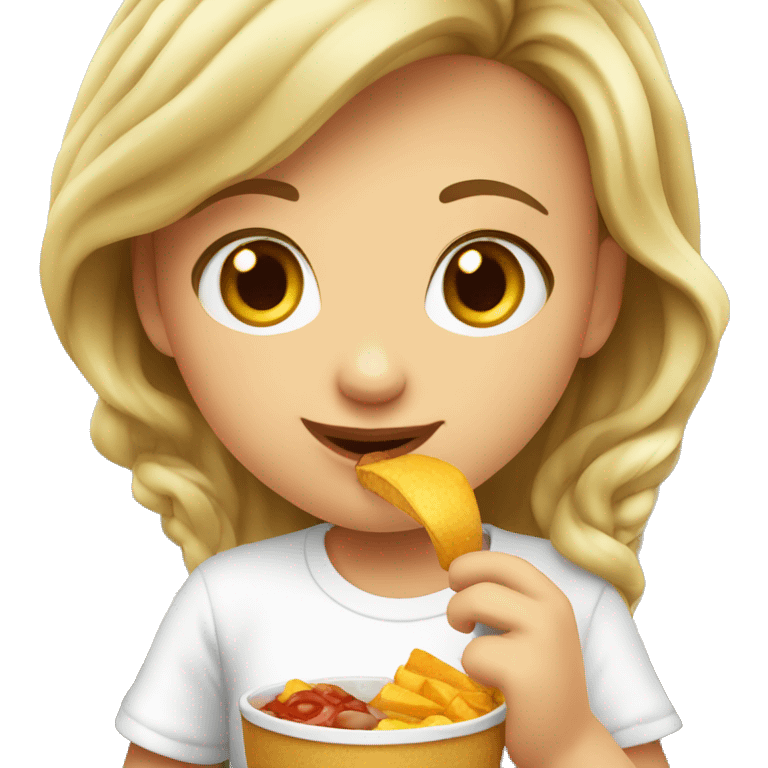 girl in white T-shirt enjoying food and drink. She is Russian girl. emoji