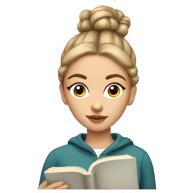 White girl Girl with bun in sweatshirt and sweatpants reading a book emoji