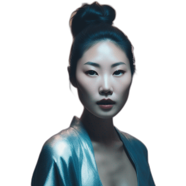 asian woman david bellemere, bathed in shadows, fov 90 degrees, short lighting, cold colors, gilded technique, extremely hyper aesthetic emoji