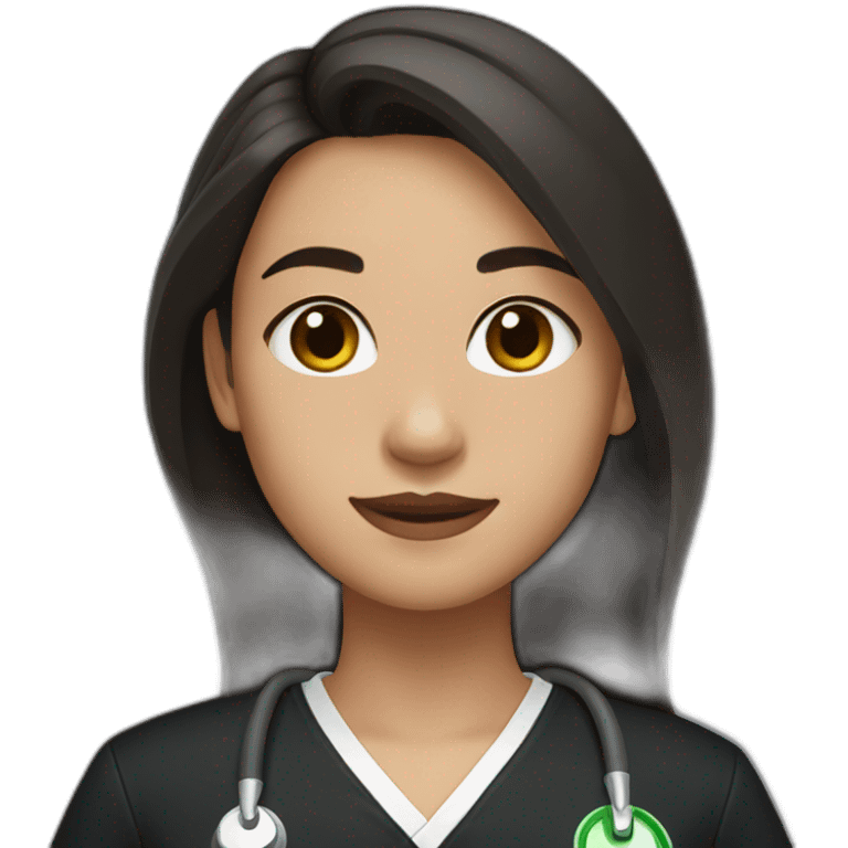 girl with middle part and long dark brown hair in black scrubs emoji