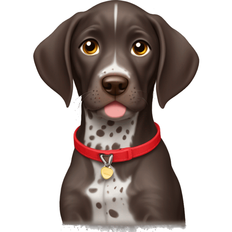 Dark Brown spotted German short haired pointer puppy with ticking with red collar  emoji