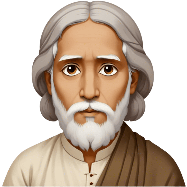 Rabindranath Tagore – Cinematic Realistic Portrait of Rabindranath Tagore, depicted with thoughtful, soulful eyes and gentle features, dressed in traditional Bengali attire with subtle artistic motifs, bathed in warm, soft lighting that evokes his poetic genius and timeless wisdom. emoji