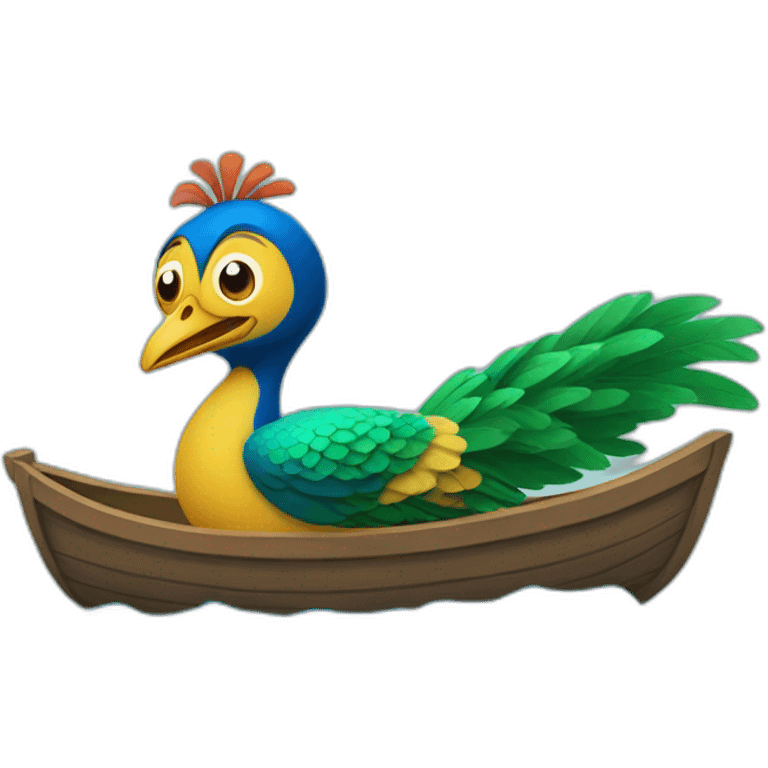 pecock riding in a boat with the funny face emoji