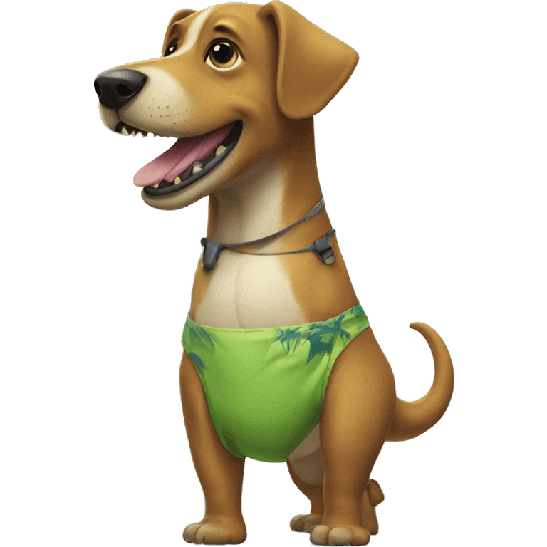 a dog taking a dinosaur on a walk in a bathing suit emoji