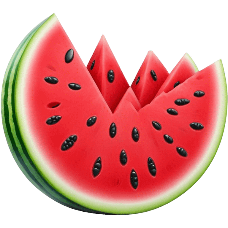 Cinematic juicy watermelon, thick slices revealing vibrant red interior, glossy and glistening with tiny black seeds, fresh and refreshing, soft glowing background, summer vibes. emoji