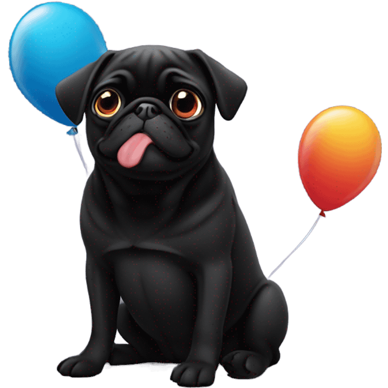 Black pug  and a ballon that says  “I’m sorry” emoji