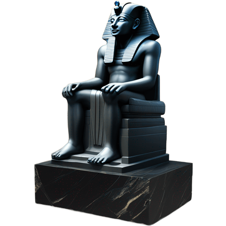 Osiris depiction accurate obsidian statue on granite 30 ton brick, massive size, sunlight behind, sunset colors, reflections on black stone polished clean perfect, photography angles emoji