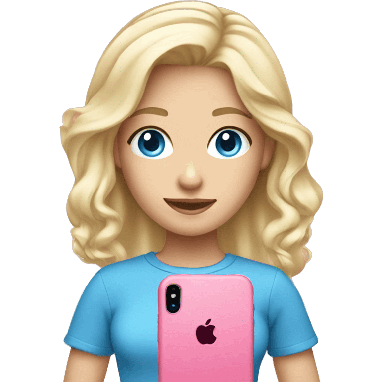 a white blond hair girl with blue eyes wearing a pink shirt holding a pink iphone  emoji