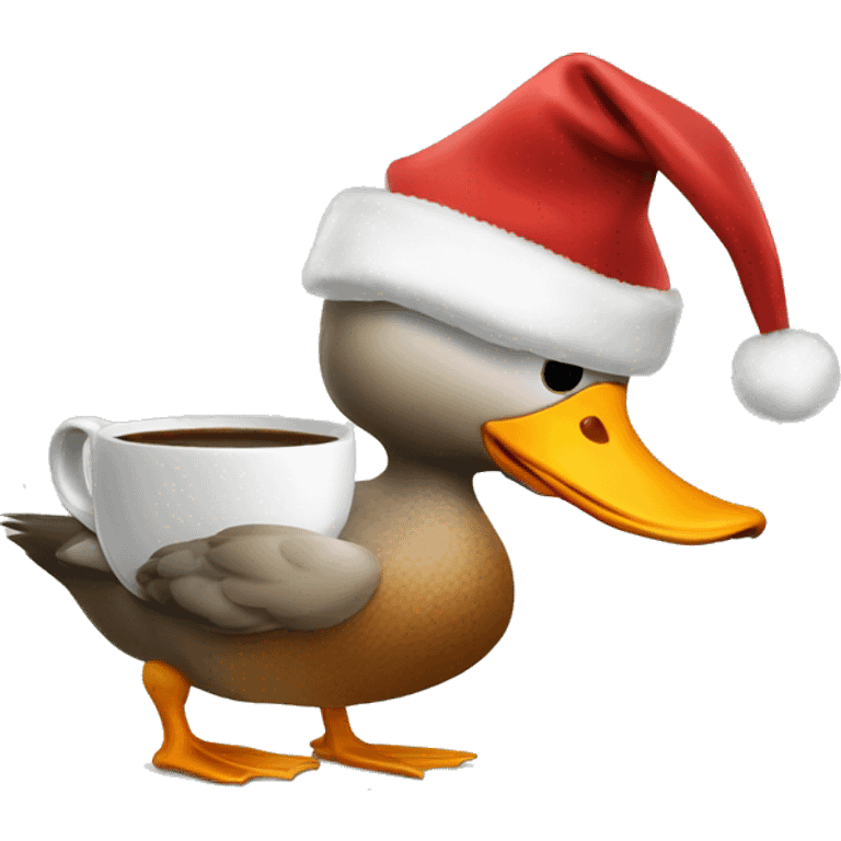 Duck drinking coffee with Christmas hat  emoji