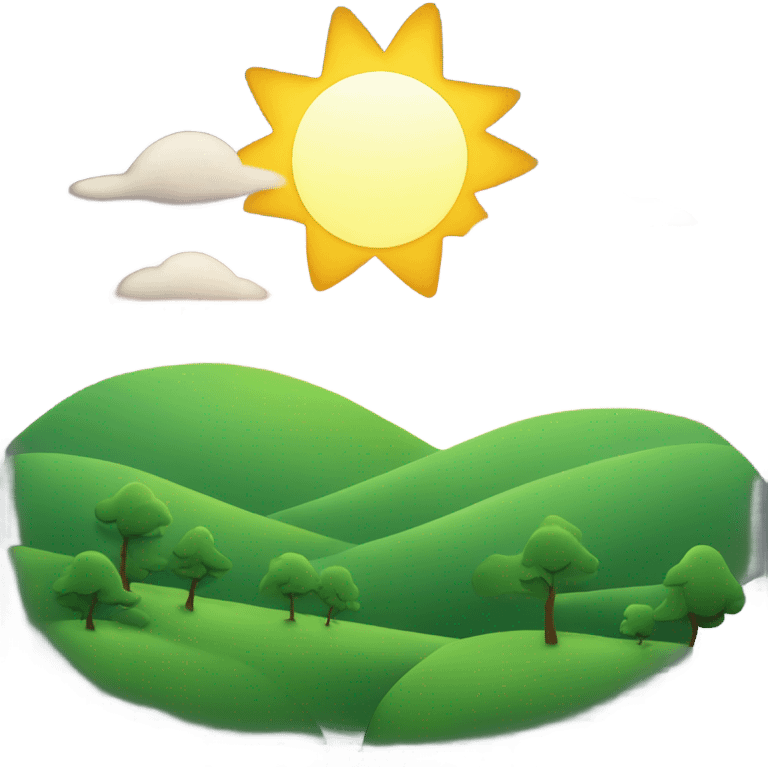 Cartoon sun coming up over a green hill with trees emoji