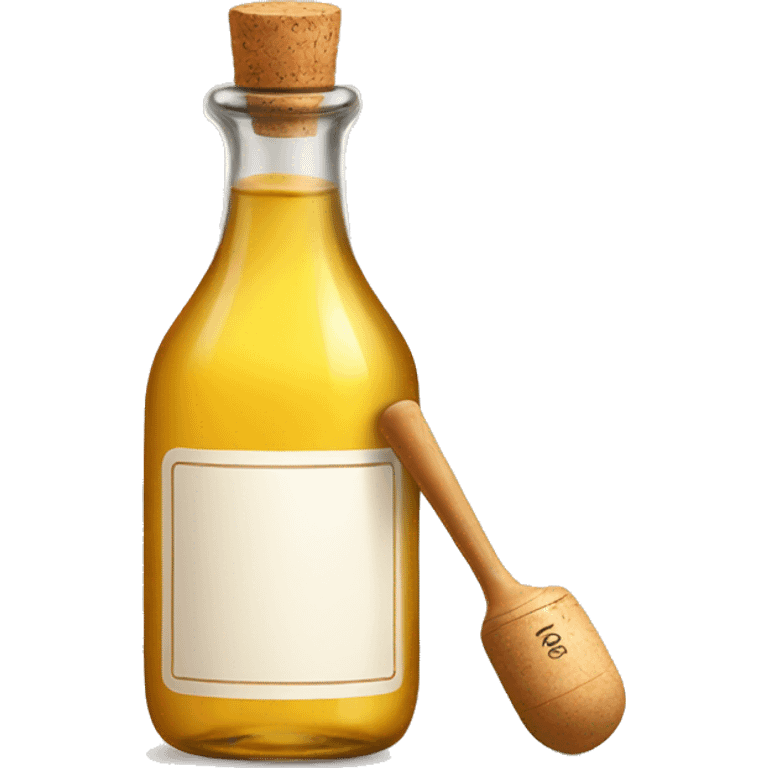 bottle of vinegar with the cork and a nozzle; spoon is laying neat the bottle emoji