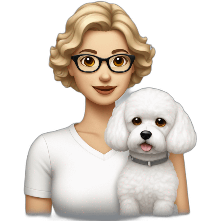 mujer piel blanca cabello chongo gafas  y perro bichon blanco emoji