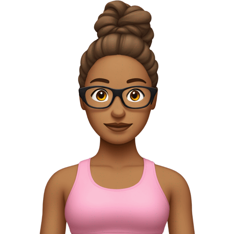 emoji de chica relizando yoga, usa lentes de maco dorado y sin finos, tiene un traje de gimnasia rosado y su cabello es cobrizo emoji