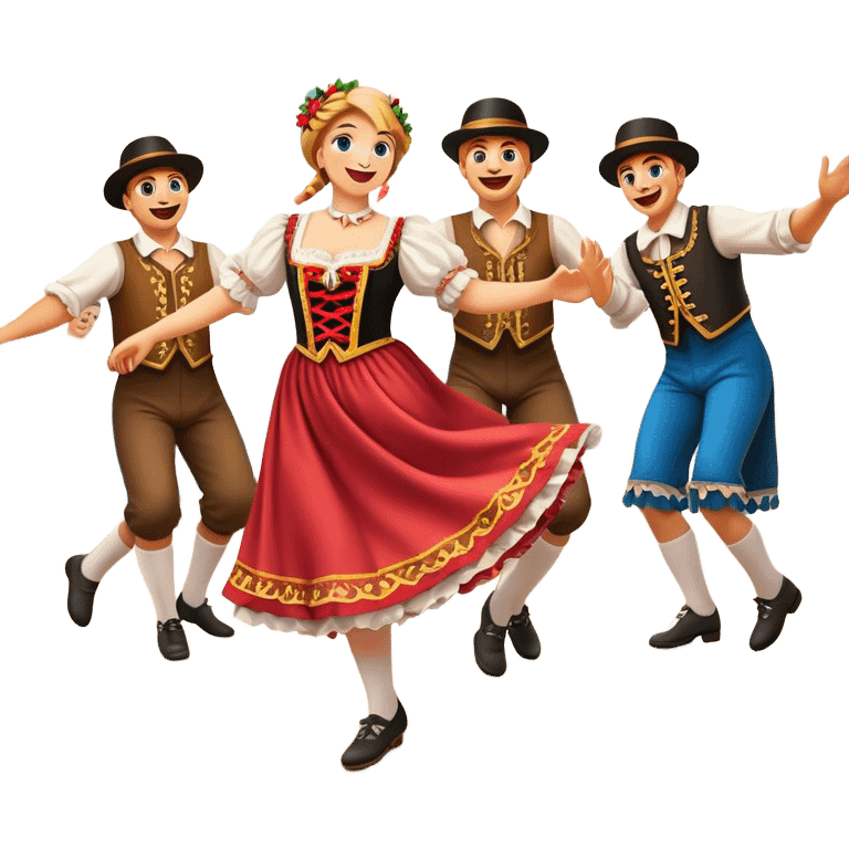 Cinematic Realistic Schuhplattler Dance Emoji, depicted as a lively traditional folk dance scene with performers in authentic Bavarian costumes, rendered with dynamic textures and festive natural lighting that captures the spirit of rural celebration. emoji