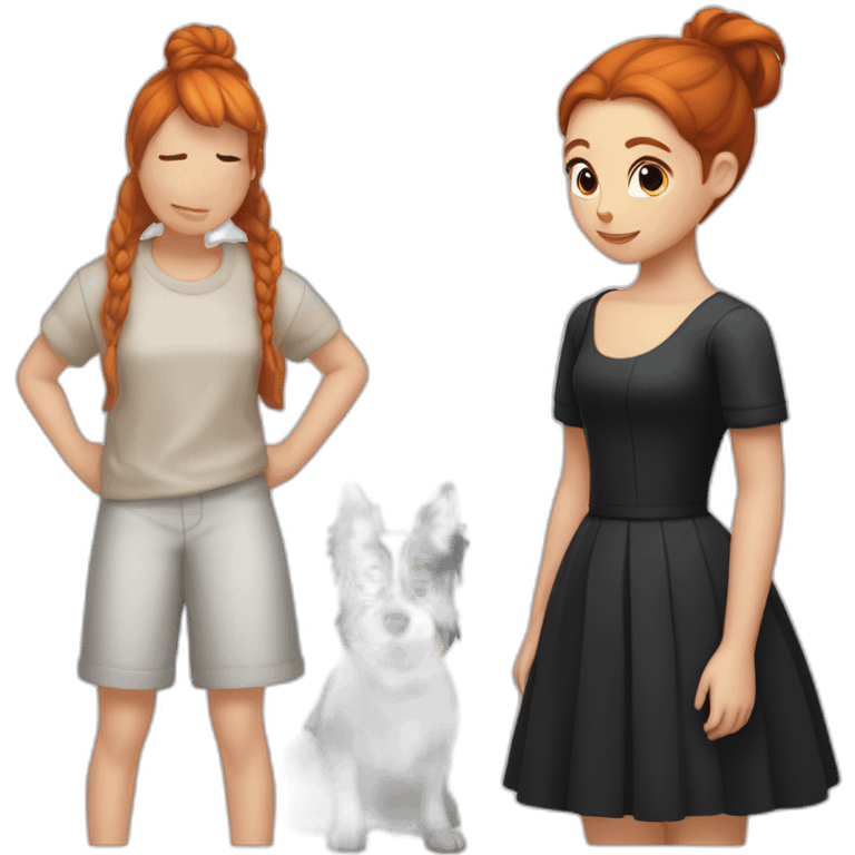 Girl redhead with bun, cockatiel in the shoulder, black dog, cockerspainel emoji