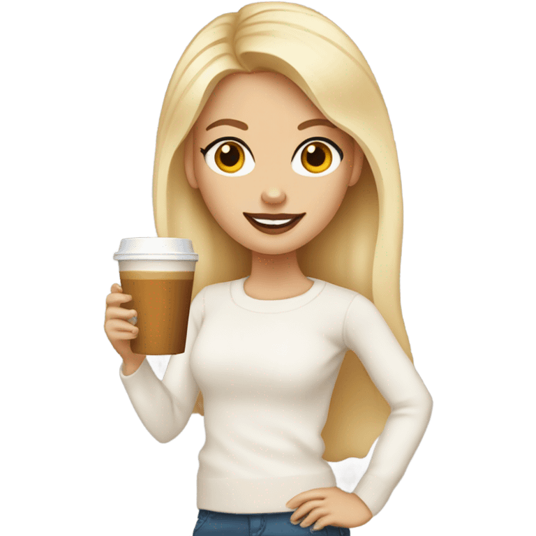 Blonde Blue eyed Girl who wears a white Pullover and Drinks pumpkin spice Latte  emoji