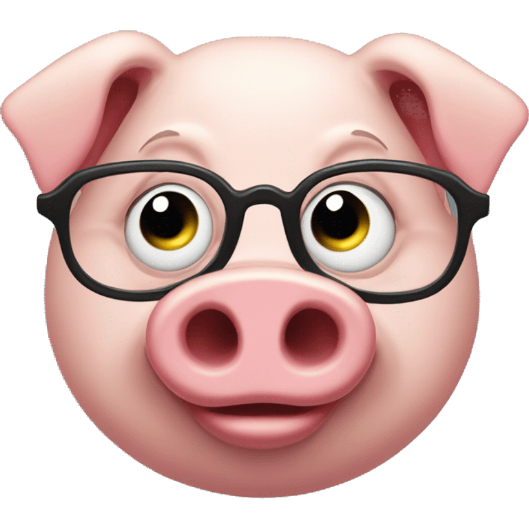 an evil pig wearing round glasses, smirk, evil smile, grin, villain, narrowed eyes emoji