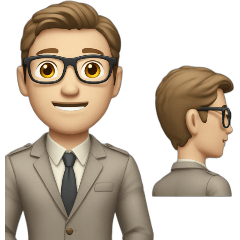 Crickering Pale skinned Fit Man With dark brown hair in gray jacket, beige office shirt, Brown pants and vintage glasses In the joke cap emoji