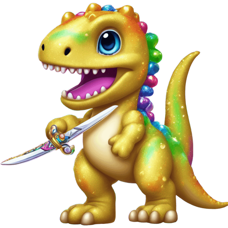 Lisa frank glitter rainbow cute dinosaur with sword and pearls emoji