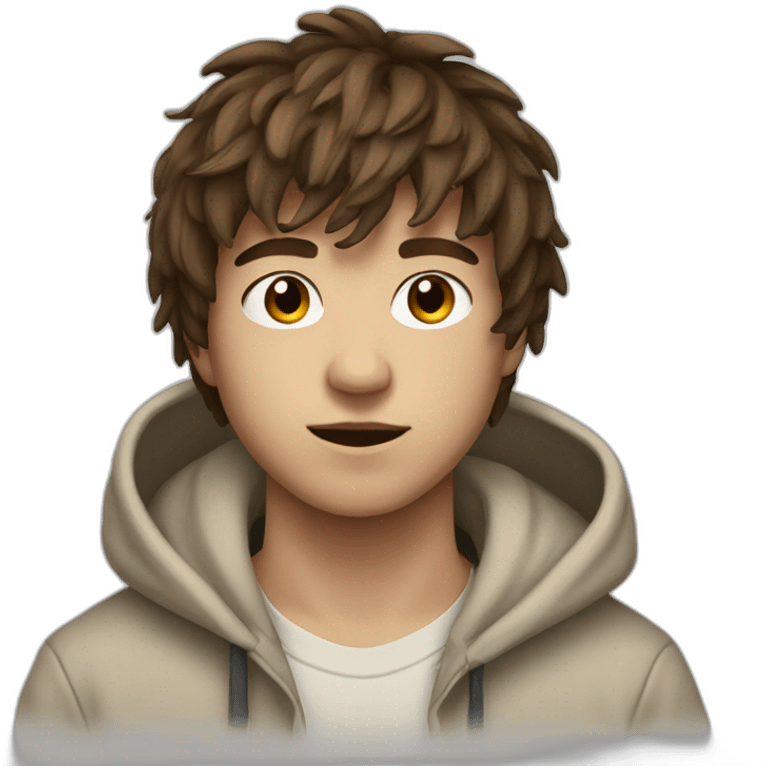 24-year-old boy with textured, messy fringe, brown hair, and an off-white hoodie. emoji