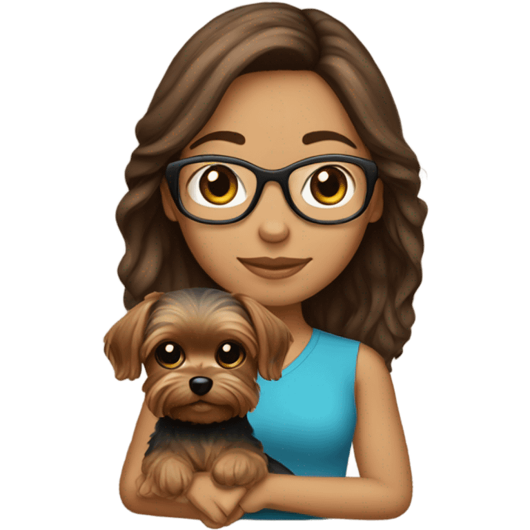 Hispanic, Brown hair, girl with glasses holding tan yorkie dog emoji