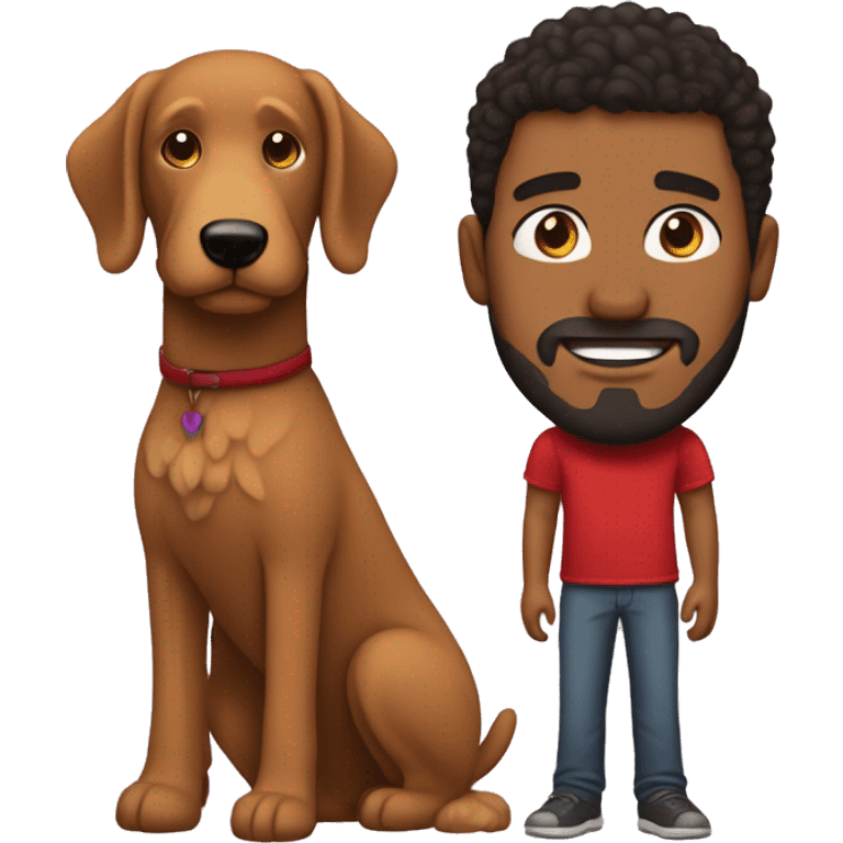 Brown man with straight hair and a red goldendoodle emoji