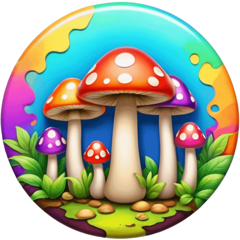 A round psychedelic colored button with bezeled edges and colorful hippie style mushrooms emoji