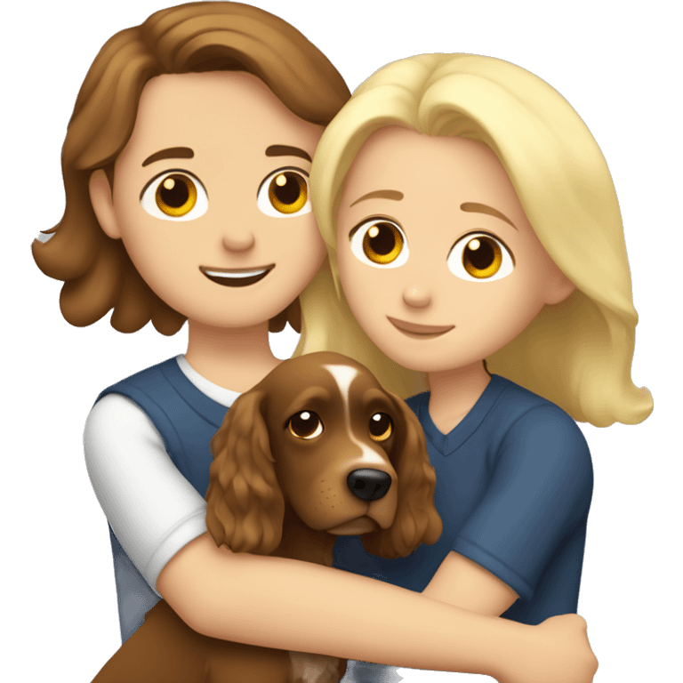 Brown hair Girl hugs an Blonde Boy with cocker spaniel  emoji