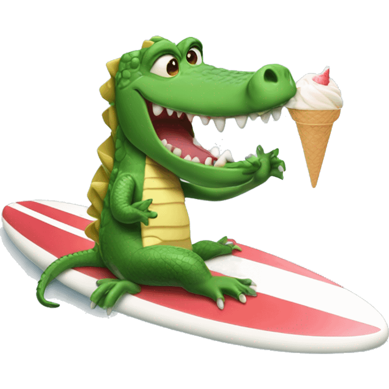 Crocodile riding a surfboard eating ice cream emoji