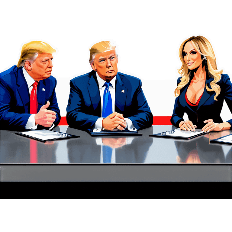 Musk, Bezos, Stormy Daniels, and Trump in a meeting emoji