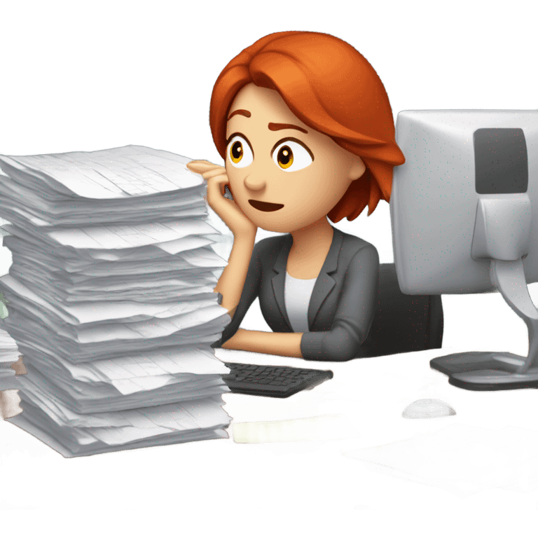 red hair woman frustrated desk monitor stack paper emoji