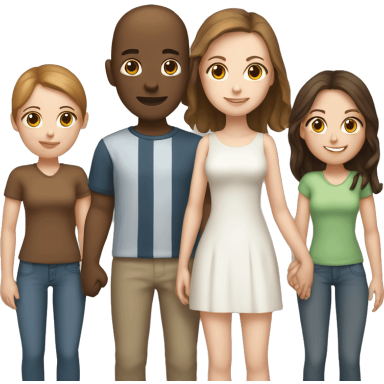 Two girls and one guy holding hands, both girls white skin, one girl brown hair, other girl no hair, guy is standing in the middle and has short brown hair emoji