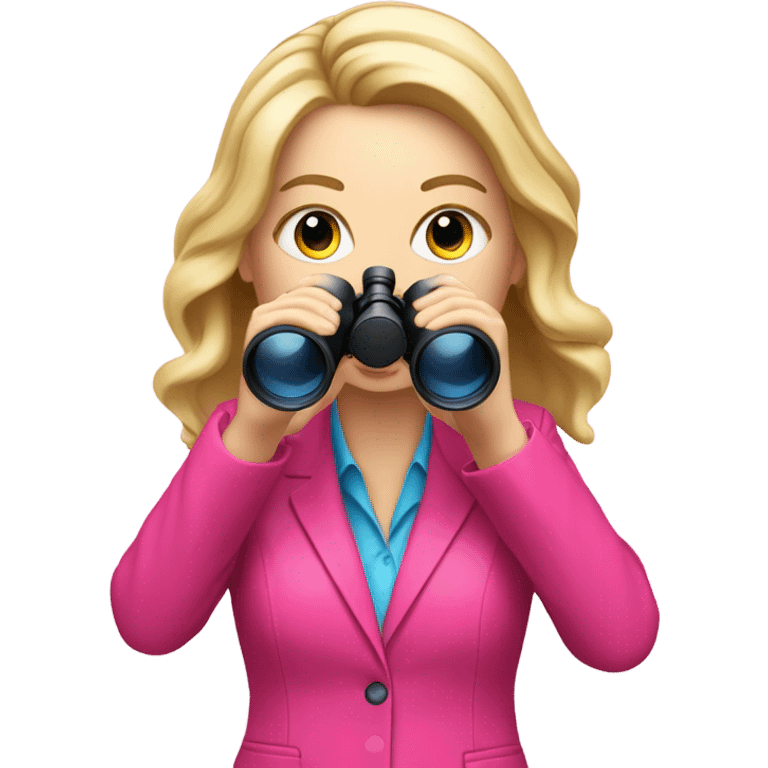 white female employee with loose blonde hair wearing intensive color pink suit looking in binoculars emoji