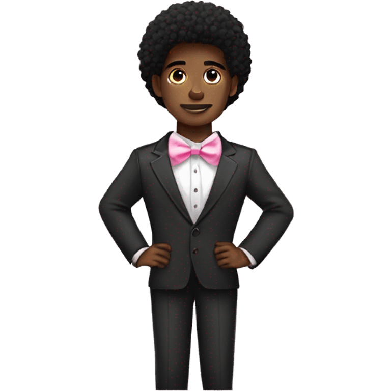 A black twink with an black afro mullet in a suit, intricate face, a pink bow tie emoji