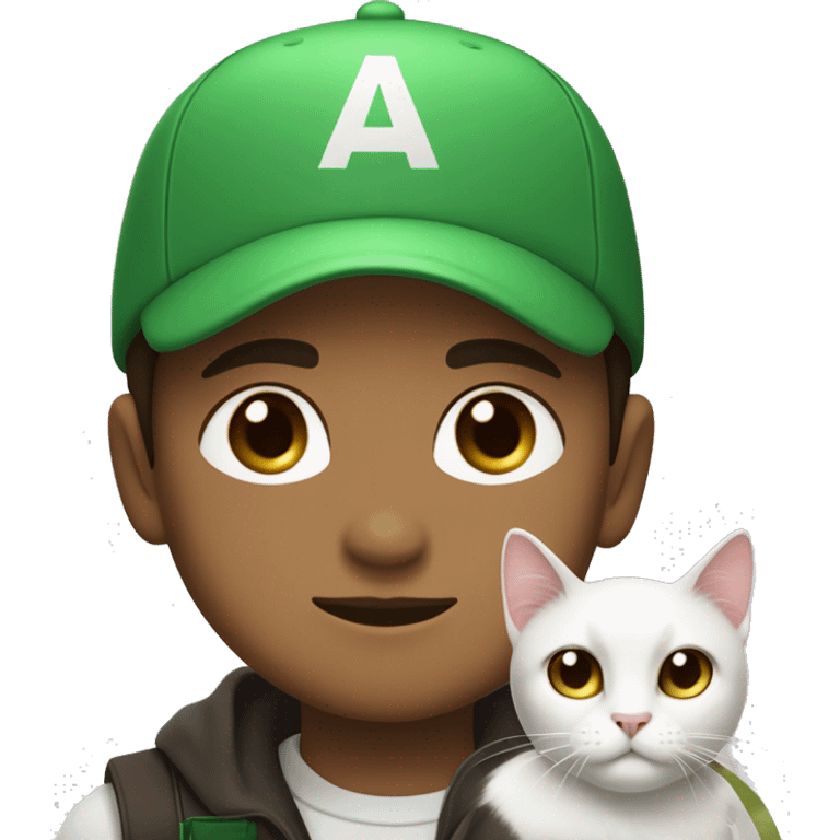 a boy in a green cap with sign “папа» with light brown skin light brown eyes and dark brown hair brown hair holds his black cat with  white muzzle and white chest emoji