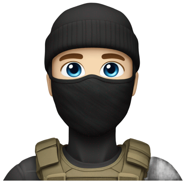 male, pale skin, call of duty black face mask, camo tactical gear, combat boots, black beanie, blue eyes emoji