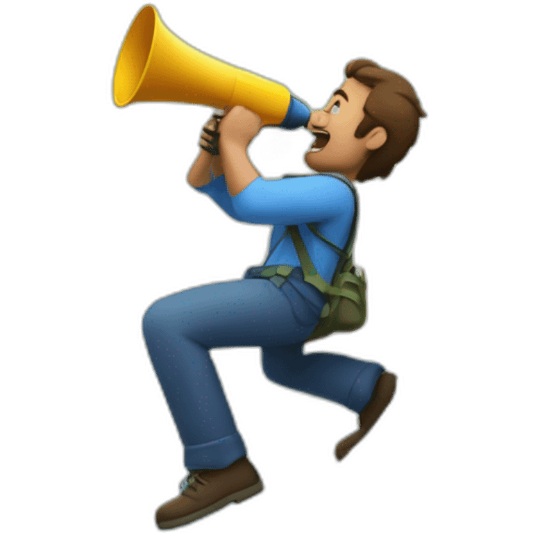 A man climbing a mountain while shouting on a megaphone emoji