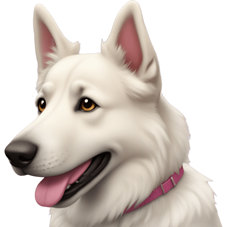 a white shepherd chow mix dog with a pink nose, smiling  emoji