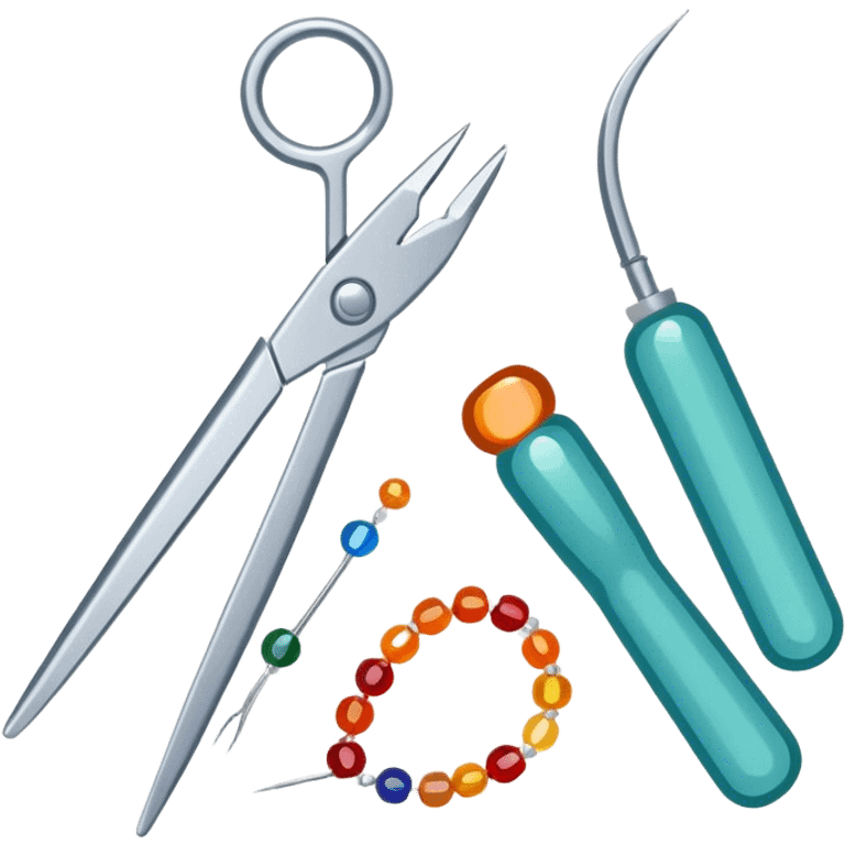 Beading icon, intricate beaded jewelry or decorative item in progress, visible beads, thread, and needle, tools like pliers and scissors, minimalistic style, clean lines, transparent background. emoji