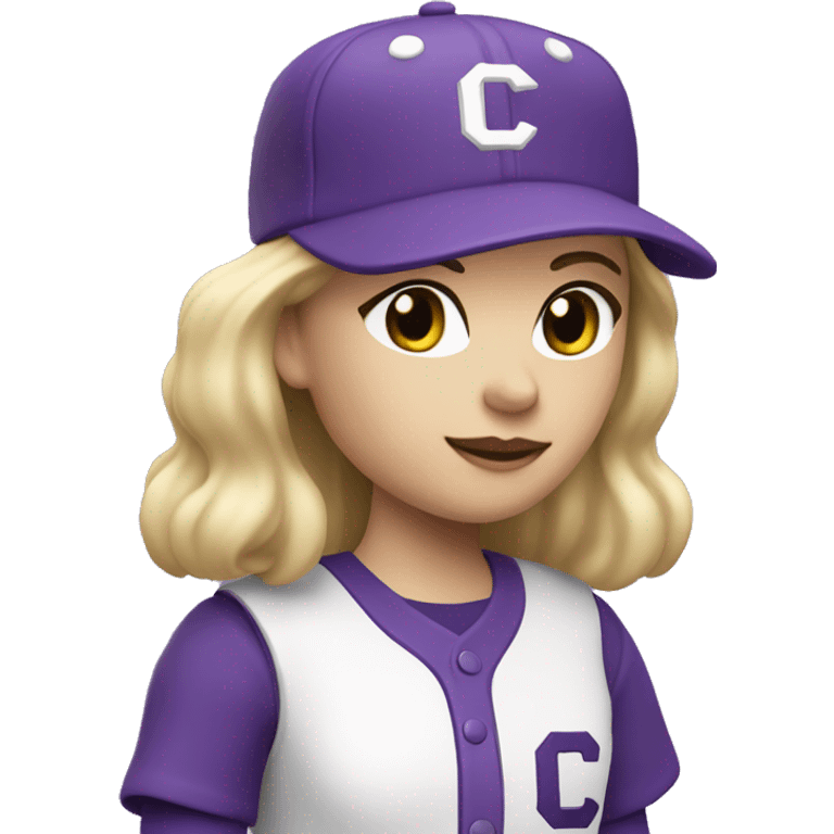 baseball card character. white female. long blonde hair. letter C logo. Purple and white uniform.  emoji