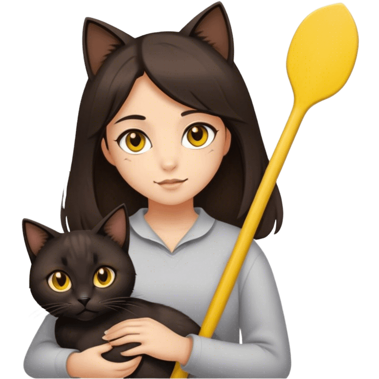 A girl with medium-length hair, brown eyes, brunette and slightly swarthy.In her arms is a black paddle-eared cat with yellow eyes emoji