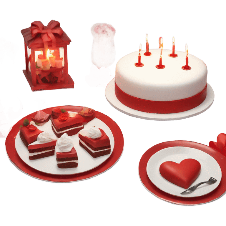 Red romantic party setting for two people and heart balloon  table with white cloth and candle with bows on the table and white Korean cake emoji