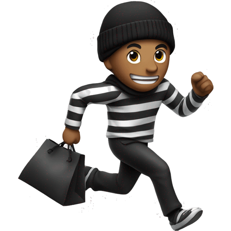 Thief running to the right with a bag of money behind him and wearing a black beanie and  black and white striped clothes  emoji