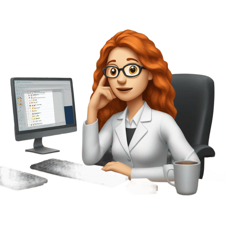 red hair woman nutritionist wearing glasses with hand on chin having an good idea monitor desk emoji